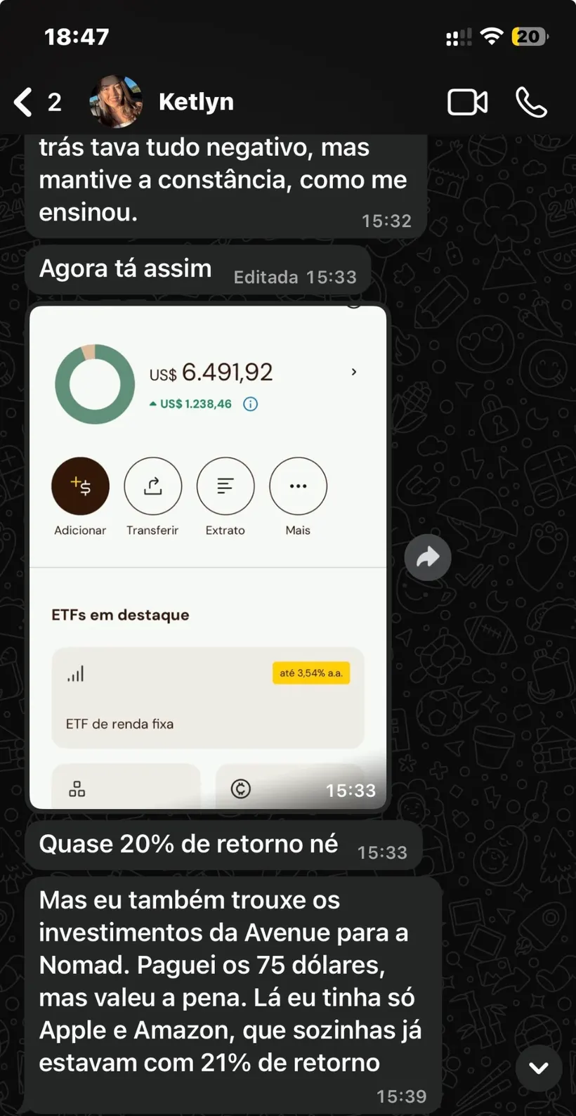 Print da carteira da Ketlyn mostrando o saldo de US$ 6.491,92