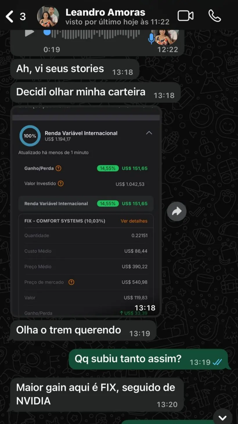 Conversa no WhatsApp: Leandro mostra a carteira depois de ver os stories — Olha o trem querendo