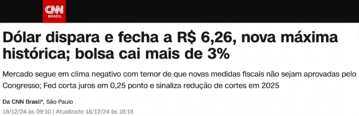 CNN Brasil: Dólar dispara e fecha a R$ 6,26, nova máxima histórica; bolsa cai mais de 3%