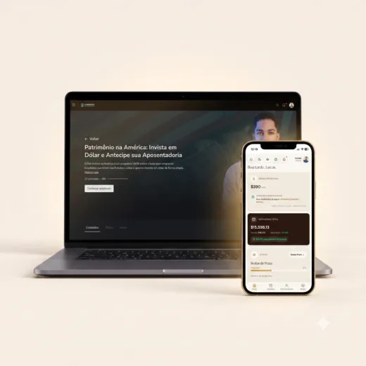 Curso Patrimônio na América aberto no notebook ao lado do app no celular