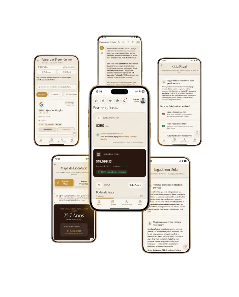 Telas do app Patrimônio na América: painel, guia fiscal, mapa da liberdade e legado em dólar